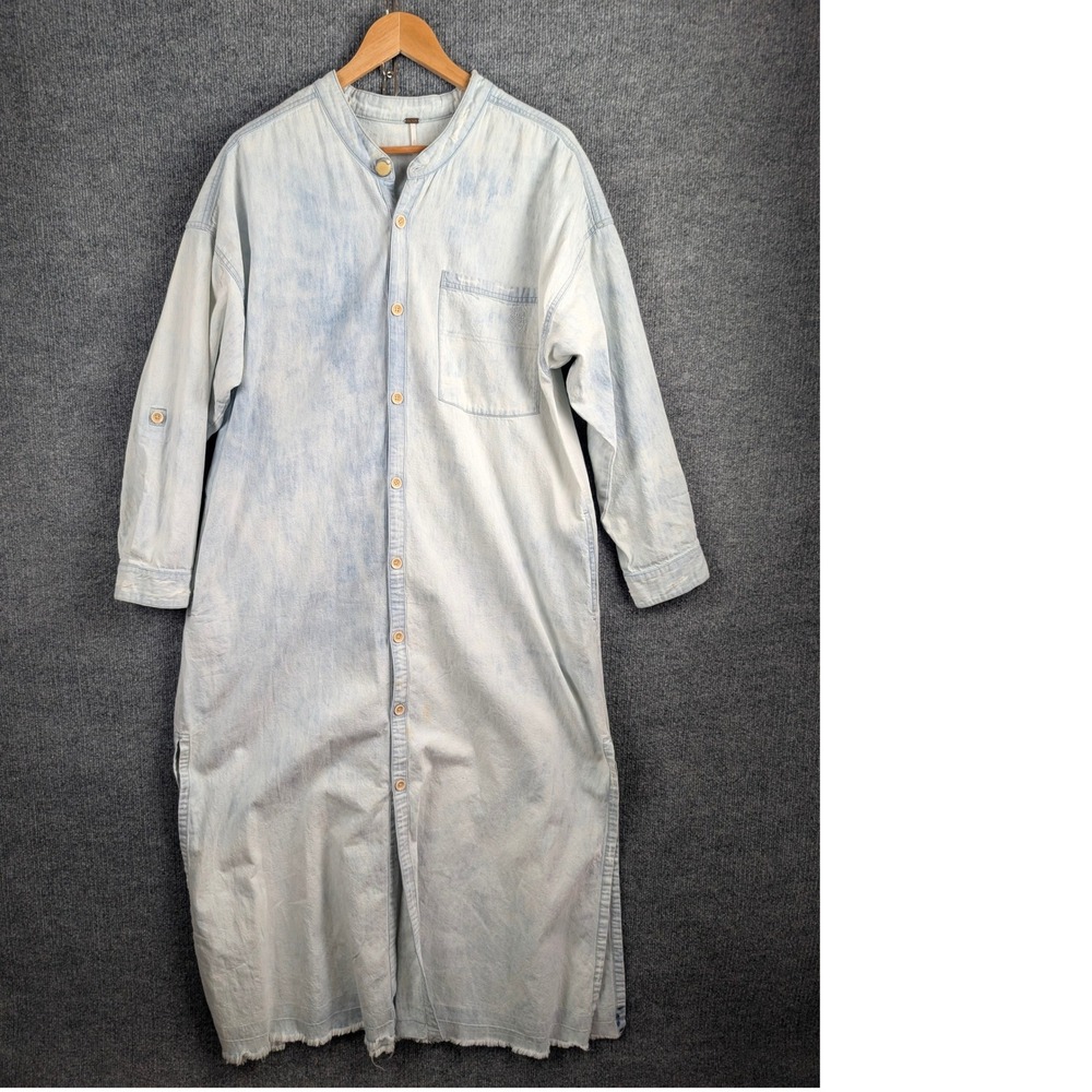 Free People Maxi Dress L Light Wash Chambray Denim Raw Hem Painters Shirt Boho